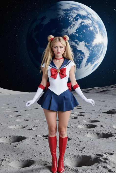 Create a hyper-realistic photograph featuring a beautiful 20-year-old girl with fair skin. She has very long straight blonde hair styled in two buns, resembling twin tails. She is dressed in a Sailormoon costume, striking a pose on the lunar surface. The b...