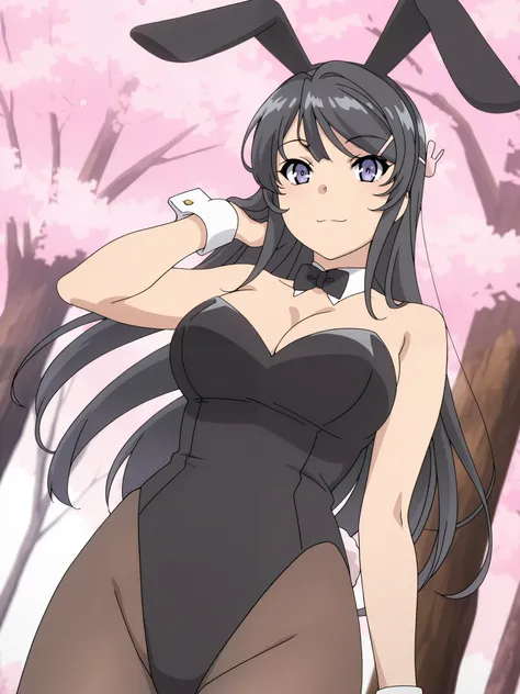anime screencap, anime coloring, solo, 1girl, mature female, score_9, score_8_up, score_7_up, source_anime, BREAK; 1girl, solo, closed mouth, long hair, black hair, purple eyes, hairclip, rabbit hair ornament, MaiBunny, black hairband, rabbit ears, fake an...