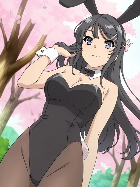  anime screencap, anime coloring, solo, 1girl, mature female, score_9, score_8_up, score_7_up, source_anime, BREAK; 1girl, solo, closed mouth, long hair, black hair, purple eyes, hairclip, rabbit hair ornament, MaiBunny, black hairband, rabbit ears, fake a...
