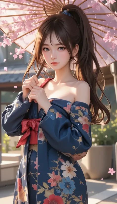 Woman holding a Japanese umbrella , Nishijin Textile Kimono , Japanese painting style , BEAUTIFUL ANIME STYLE PORTRAIT, Extra , detailed portraits of anime girls , Beautiful Anime Portrait , BEAUTIFUL ANIME WOMAN , digital animated illustration, Anime...