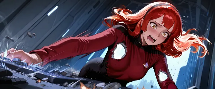 masterpiece, cinematic, motion blur, rumble, the image features a damaged torn worried scared masterpiece,best quality, ,solo ,maniac ,hairband , ginger red hair,long hair,bang woman reacting in TNG uniform ro scene on the bridge of a starship, panicking f...