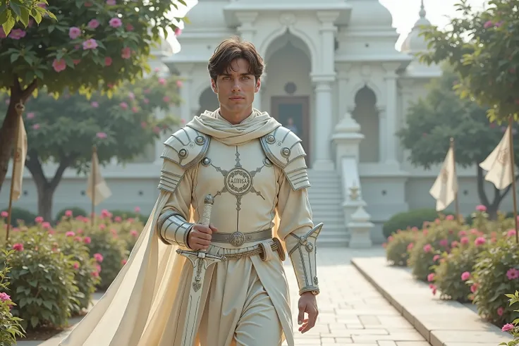 Cillian Murphy reimagined as the embodiment of Jainism in the form of a serene and ascetic medieval knight, walking through a temple garden of silence and light, dramatic atmosphere, 1 male

Short, clean dark hair beneath a thin white circlet made of ivory...