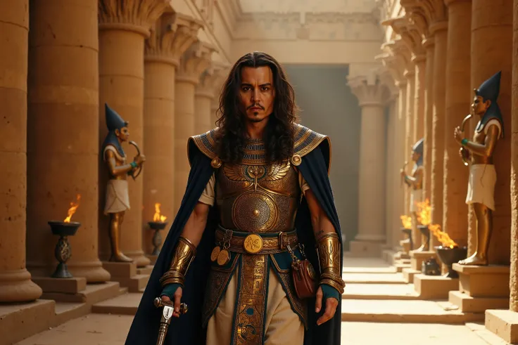 Johnny Depp reimagined as the embodiment of Ancient Egyptian Religion in the form of a divine and enigmatic medieval knight, walking through golden sands and temple shadows, dramatic atmosphere, 1 male
Long black hair braided with golden thread, beneath a...
