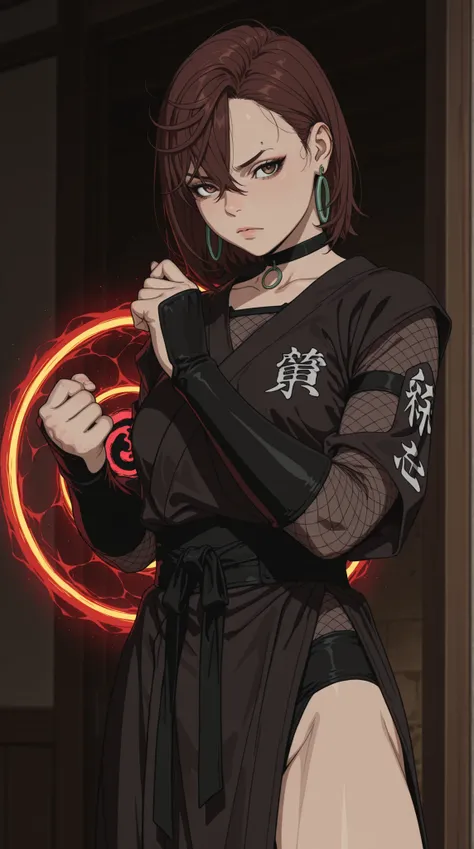 Score_9, score_8_up, score_8, score_7_up, MythAn1m3, Sinozick_illu, momo ayase (dandadan), brown hair, short hair, hair between eyes, asymmetrical bangs, brown eyes, earrings, black choker, dressed like a kunoichi, coming out of a magical portal of darknes...