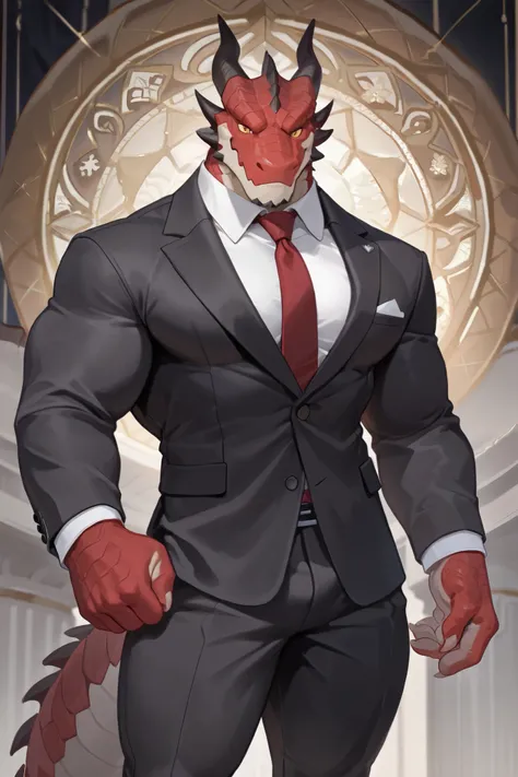 1 boy , alone, human furry ,dragon,( Red scales :1.2),wilderness , strong muscles, strong physique ,Very powerful , Perfect Anatomical Structure , masterpiece,dragon尾, Golden Eye, Dark pattern ,Sturdy ,are muscular,black suit,red tie。
confident g...
