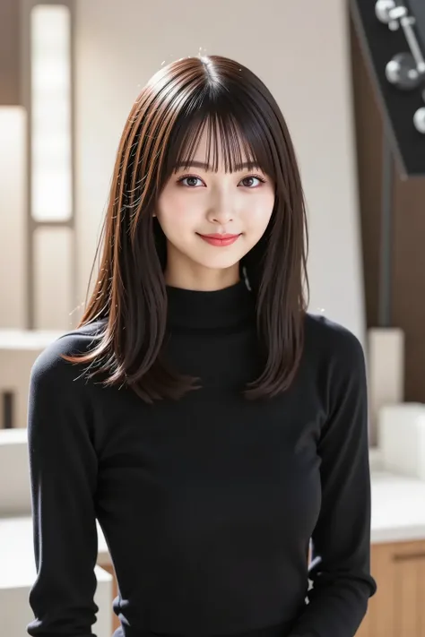 A medium close-up shot, ultra-realistic digital illustration of a beautiful young Asian woman, centered in the frame with ample headroom to ensure her entire head is visible. She has long, silky black hair styled in soft waves cascading over her shoulders,...