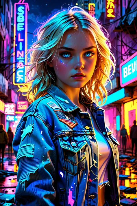 "A slightly plump and cute blonde girl with a dark and lonely expression, standing in a bombed neon city at night. Her bright blue eyes are crystal-clear and vivid, glowing with an intense brilliance that highlights her extraordinary superpowers. She is su...