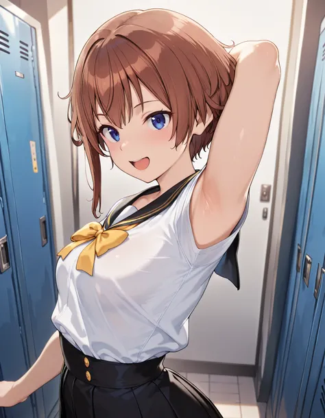 sugumi, brown hair,  ,sailor collar, black coller, yellow lines, yellow bowtie, white shirt, sailor suit, short sleeves, black skirt, pleated skirt,


,BREAK, armpit, arm over head, left arm over head. focus on armpit,
smile, disdaining, open mouth, (looki...