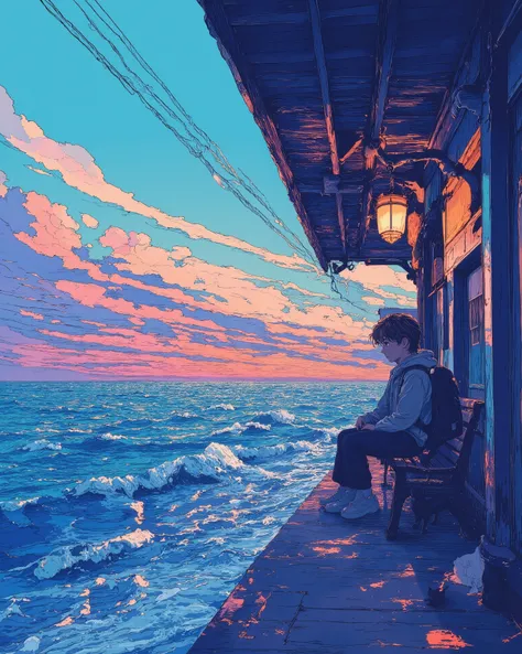 A melancholic anime-style scene of a lone traveler sitting on a wooden bench at an old seaside train station during sunset. The sky is a mesmerizing blend of deep blues, purples, and warm oranges, with scattered clouds reflecting the fading sunlight. The o...
