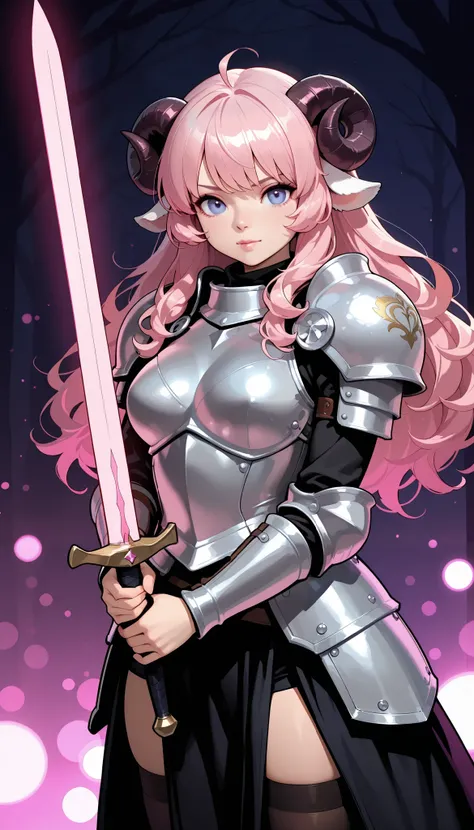 Sheep Girl, pink long hair, fluffy hair, Ram's horn, pink light equipment armor, Sheep Warrior, longsword, Attack Action, bust shot, with a well-groomed face, dark dungeon background,Mysterious Magical Light,4K High Resolution,realistic texture,vibra...