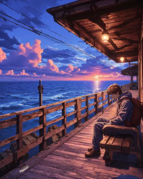 A melancholic anime-style scene of a lone traveler sitting on a wooden bench at an old seaside train station during sunset. The sky is a mesmerizing blend of deep blues, purples, and warm oranges, with scattered clouds reflecting the fading sunlight. The o...