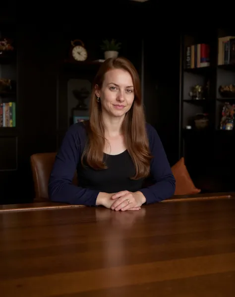 a beautiful irish woman, long hair, attractive eyes ,lips fully closed , 20 years old , sitting in a chair ,a wooden desk in front , seated behind a desk , hands on the desk , leaning on the desk , the background is a dark aethetic room with book shelf and...