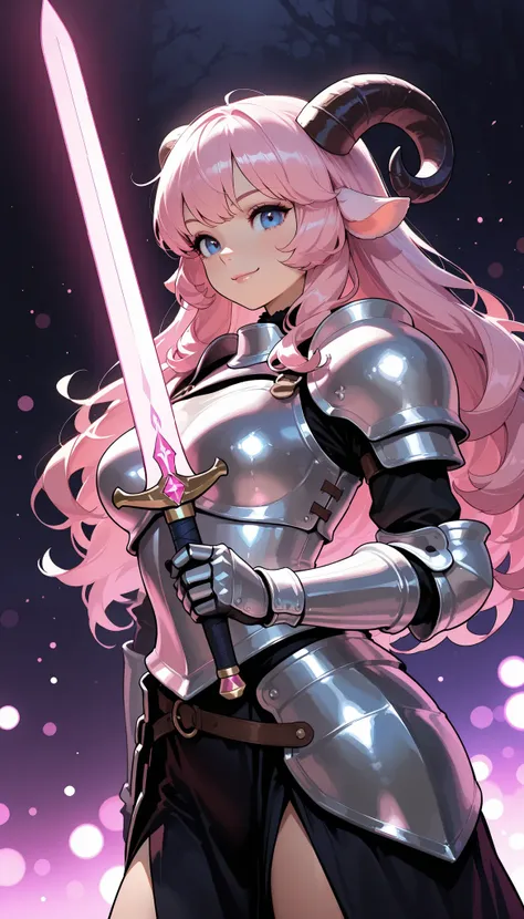 Sheep Girl, pink long hair, fluffy hair, Ram's horn, pink light equipment armor, Sheep Warrior, longsword, Attack Action, bust shot, with a well-groomed face, (smile), dark dungeon background,Mysterious Magical Light,4K High Resolution,realistic text...