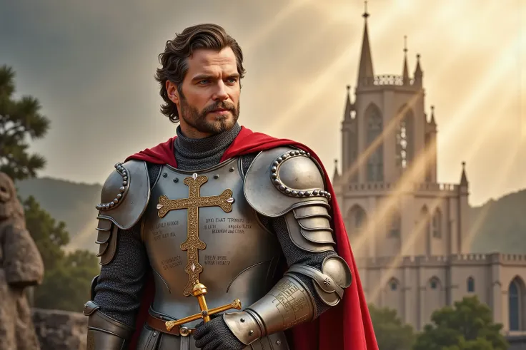 A full body photo of Henry Cavill reimagined as the embodiment of Christianity in the form of a majestic medieval knight, walking through a radiant battlefield of faith and light, dramatic atmosphere, 1 male
Golden-brown hair swept back beneath a polished...