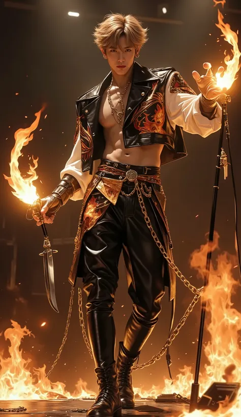 "Scorpion from Mortal Kombat reimagined as a charismatic K-pop male idol, standing on a sleek, high-tech concert stage with fiery orange and black lighting. He wears a stylish, modern reinterpretation of his original ninja outfit: a black and gold outfit w...