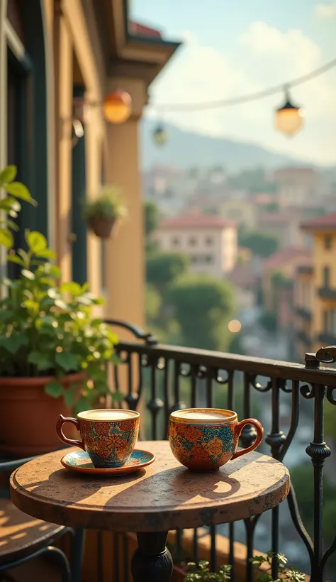 Authentic artistic balcony pictures and coffee cups