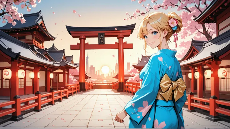 A digital illustration in anime and semi-realism style, featuring a Kyoto-style Alice in Wonderland. She has golden hair,She is positioned in the lower two-thirds of the image, standing slightly to the right, wearing a beautiful blue kimono with sakura pet...