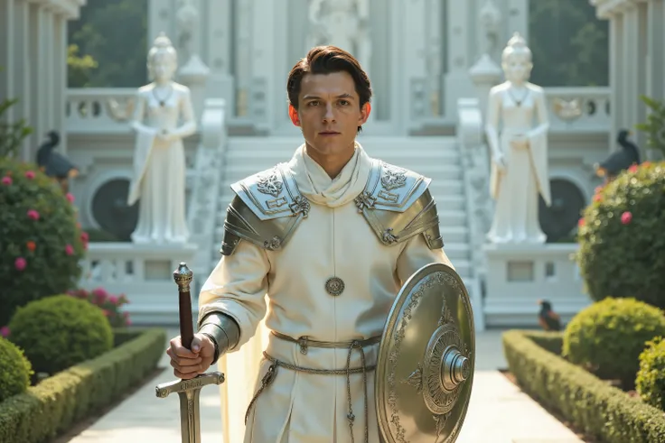 Tom Holland reimagined as the embodiment of Jainism in the form of a serene and ascetic medieval knight, walking through a temple garden of silence and light, dramatic atmosphere, 1 male
Short, clean dark hair beneath a thin white circlet made of ivory an...