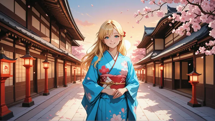 A digital illustration in anime and semi-realism style, featuring a Kyoto-style Alice in Wonderland. She has golden hair,She is positioned in the lower two-thirds of the image, standing slightly to the right, wearing a beautiful blue kimono with sakura pet...