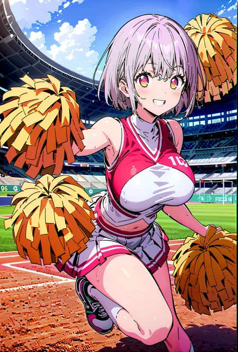 score_9, score_8_up, score_7_up, source_anime, Red root heart , light purple hair, pink eyes, short hair,Big Breasts,smile,cover, grin ,(Cheerleading), (full body),  on chest, (sweated), sweated Wet Clothes, (white clothes),sleeveless, pleated skirt,White ...
