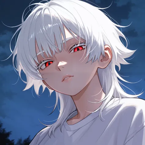 1 girl, tomboy, beautiful face, medium length hair, white hair, bangs, messy hair, red eyes, cold eyes, reddish lips, very bright skin, white eyelashes, thin eyebrows, white eyebrows, white shirt, lighting, shading, detailed, masterpiece, looking down at v...
