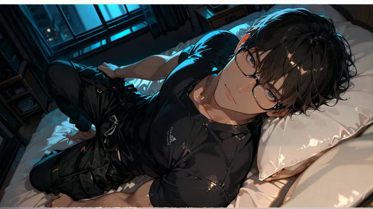 masterpiece,best quality,amazing quality,very aesthetic, depth of field, detailed background, 1boy, solo, light- brown skin, long face, low fade hair ,dark brown eyes, black hair, black shirt, muscular, black cargo pants, browline glasses, window, indoors,...