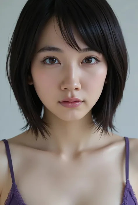 (( Top quality work )), ((masterpiece)), ( details), first-person view ,1 Girl, sexy,( bring your face closer ),((Wide mouth )),((Big Breasts, purple underwear , short bob)), black hair , ((small eyes, without makeup))