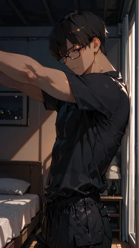 masterpiece,best quality,amazing quality,very aesthetic, depth of field, detailed background, 1boy, solo, light- brown skin, long face, low fade hair ,dark brown eyes, black hair, black shirt, muscular, black cargo pants, browline glasses, window, indoors,...