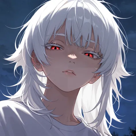 1 girl, tomboy, beautiful face, medium length hair, white hair, bangs, messy hair, red eyes, cold eyes, reddish lips, very bright skin, white eyelashes, thin eyebrows, white eyebrows, white shirt, lighting, shading, detailed, masterpiece, looking down at v...