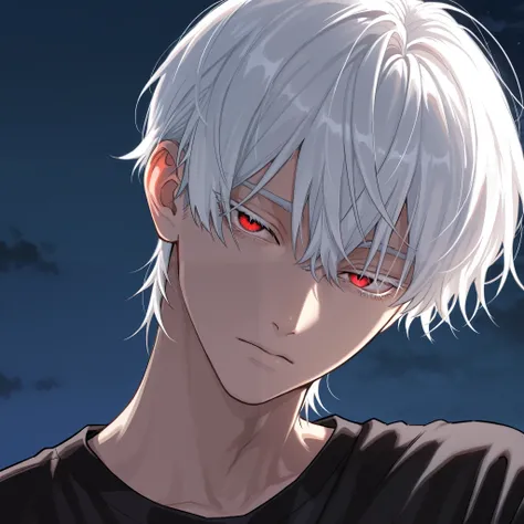 1 man, very handsome, wavy white hair, bangs, short hair, under cut hair, head tilt, white eyelashes, devil red eyes, red eyes, cold eyes, shading,, face close up, looking down at viewer, neck, full face, black t shirt, detailed, masterpiece, sky backgroun...