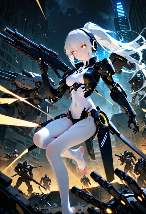 cowboy shooting, cyberpunk mecha girl with a long black and white ponytail, detailed mechanical body with a glowing exoskeleton , Headphone Gear , booster unit , equipped with huge weapons , fighting in a midnight abandoned city , surrounded by many...