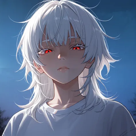 1 girl, tomboy, beautiful face, medium length hair, white hair, bangs, messy hair, red eyes, cold eyes, reddish lips, very bright skin, white eyelashes, thin eyebrows, white eyebrows, white shirt, lighting, shading, detailed, masterpiece, looking down at v...