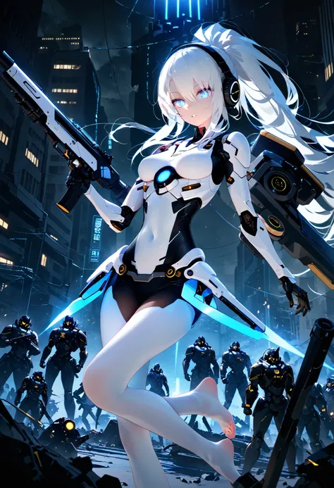 cowboy shooting, cyberpunk mecha girl with a long black and white ponytail, detailed mechanical body with a glowing exoskeleton , Headphone Gear , booster unit , equipped with huge weapons , fighting in a midnight abandoned city , surrounded by many...