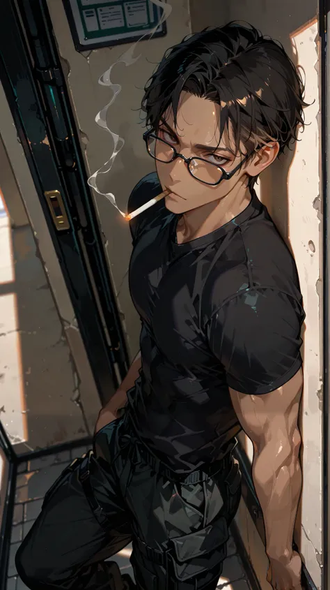 masterpiece,best quality,amazing quality,very aesthetic, depth of field, detailed background, 1boy, solo, light- brown skin, long face, low fade hair ,dark brown eyes, black hair, black shirt, muscular, black cargo pants, browline glasses, window, indoors,...