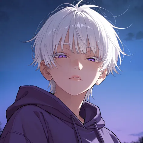 1 girl, tomboy, beautiful face, short hair, white hair, bangs, straight hair, messy hair, purple eyes, cold eyes, reddish lips, very bright skin, white eyelashes, thin eyebrows, white eyebrows, purple hoodie, lighting, shading, detailed, masterpiece, looki...