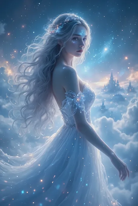 "A mesmerizing dreamgirl in a surreal fantasy setting, blending ethereal beauty with a celestial glow. She has enchanting eyes that shimmer like galaxies, soft flowing hair illuminated by a gentle bioluminescent aura. Wearing an elegant, flowing gown that ...