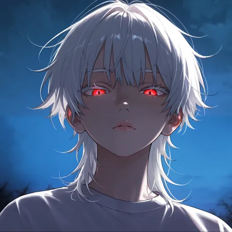 1 girl, tomboy, beautiful face, medium length hair, white hair, bangs, messy hair, glowing red eyes, cold eyes, reddish lips, very bright skin, white eyelashes, thin eyebrows, white eyebrows, white shirt, lighting, shading, detailed, masterpiece, looking d...
