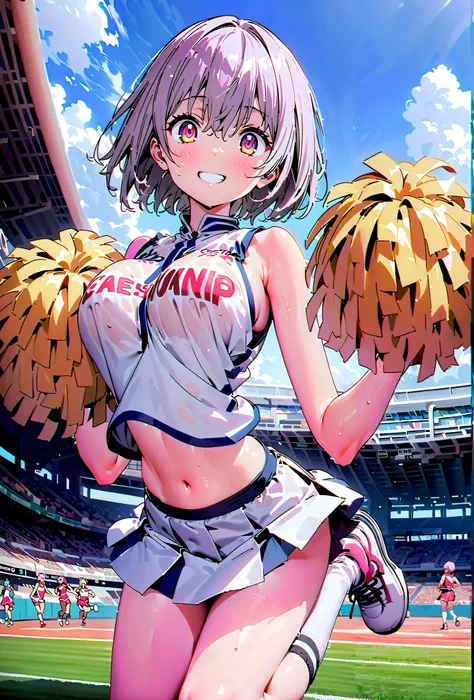 score_9, score_8_up, score_7_up, source_anime, Red root heart ,solo, light purple hair, pink eyes, short hair,Big Breasts,smile,cover, grin ,(Cheerleading), (full body),  on chest, (sweated), sweated Wet Clothes, (white clothes),sleeveless, pleated skirt,W...