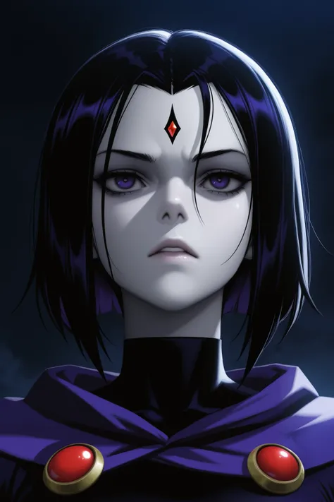 (anime_screencap),1girl,raven (dc),detailed portrait,intricate facial features,intense gaze,black hair,pale skin,moody expression,dramatic lighting,cinematic atmosphere,fantasy setting,dark background,mystical elements,digital art,4K,8K,high resolution,mas...