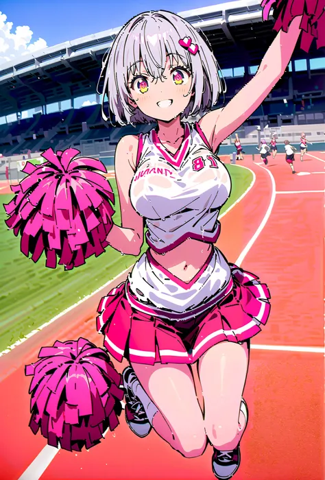 score_9, score_8_up, score_7_up, source_anime, Red root heart ,solo, light purple hair, pink eyes, short hair,Big Breasts,smile,cover, grin ,(Cheerleading), (full body),  on chest, (sweated), sweated Wet Clothes, (white clothes),sleeveless, pleated skirt,W...
