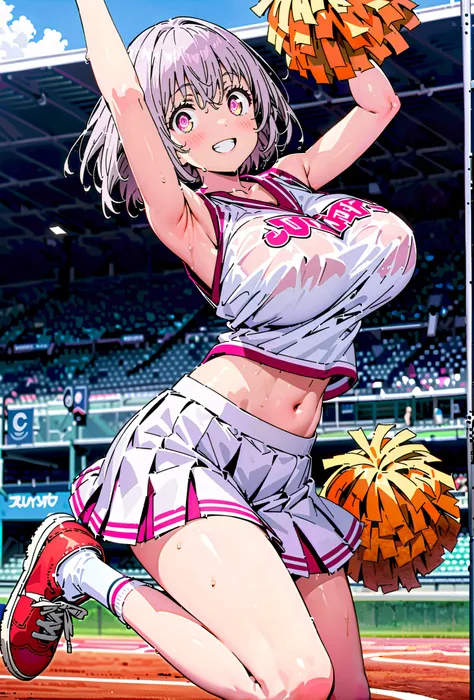 Red root heart ,solo, light purple hair, pink eyes, Glowing Skin,short hair,Big Breasts,smile,cover, grin ,(Cheerleading), (full body),  on chest, (sweated), sweated Wet Clothes, (white clothes),sleeveless, pleated skirt,White socks,sneakers with a ladybac...