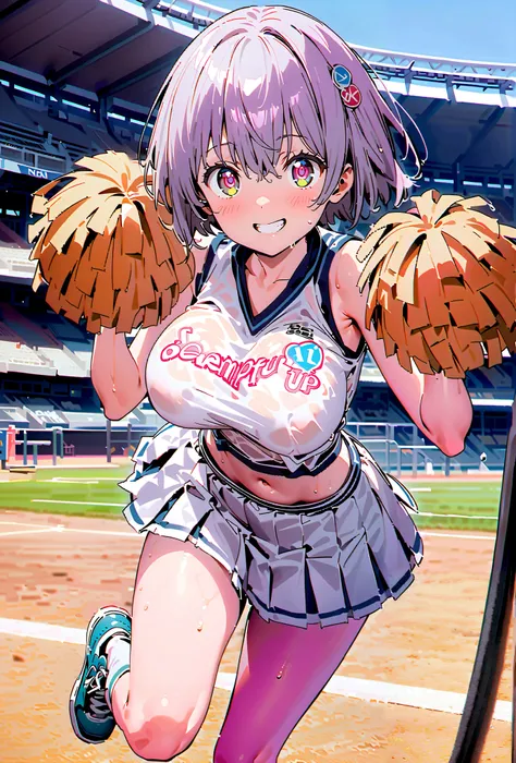 score_9, score_8_up, score_7_up, source_anime, Red root heart ,solo, light purple hair, pink eyes, short hair,Big Breasts,smile,cover, grin ,(Cheerleading), (full body),  on chest, (sweated), sweated Wet Clothes, (white clothes),sleeveless, pleated skirt,W...