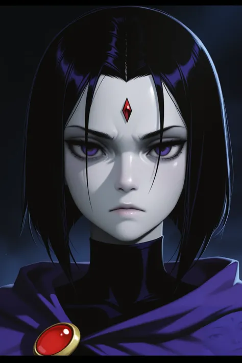 (anime_screencap),1girl,raven (dc),detailed portrait,intricate facial features,intense gaze,black hair,pale skin,moody expression,dramatic lighting,cinematic atmosphere,fantasy setting,dark background,mystical elements,digital art,4K,8K,high resolution,mas...