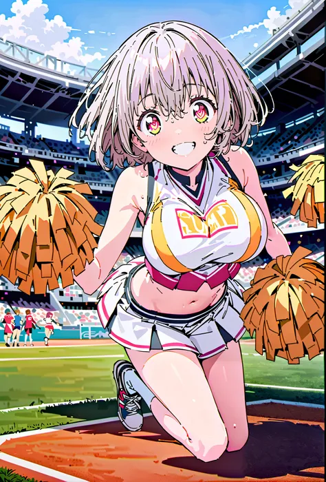 Red root heart ,solo, light purple hair, pink eyes, Glowing Skin,short hair,Big Breasts,smile,cover, grin ,(Cheerleading), (full body),  on chest, (sweated), sweated Wet Clothes, (white clothes),sleeveless, pleated skirt,White socks,sneakers with a ladybac...