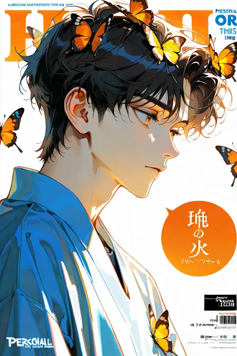 logo, Many Butterflies Hang on Head(Orange or Blue),Butterfly Hanging in Hair,dark hair , short hair, 1 boy ,Personal Painting,Handsome, 18 years old ,Bangs,Fluffy hair, Magazine Cover,Side portrait, alone, The art style is a mixture of photography and ...