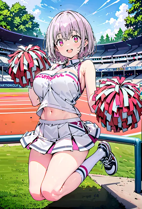 Red root heart ,solo, light purple hair, pink eyes, Glowing Skin,short hair,Big Breasts,smile,cover,opens her mouth,(Cheerleading), (full body),  on chest, (sweated), sweated Wet Clothes, (white clothes),sleeveless, pleated skirt,White socks,sneakers with ...
