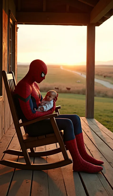 UHD, 4k, ultra detailed, cinematic, a photograph of Cinematic Spider-Man style a man in a spider - man suit, Spider-Man sitting on a wooden rocking chair outside a rustic barn porch. He’s in full costume, mask on, yet his posture is calm and relaxed. In h...