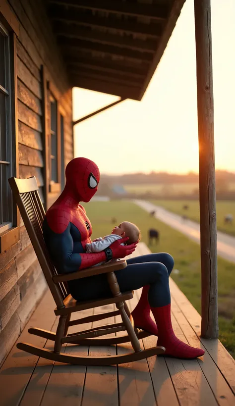 UHD, 4k, ultra detailed, cinematic, a photograph of Cinematic Spider-Man style a man in a spider - man suit, Spider-Man sitting on a wooden rocking chair outside a rustic barn porch. He’s in full costume, mask on, yet his posture is calm and relaxed. In h...