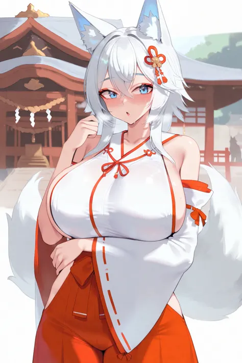 kuavera,shrine,1girl, wolf ears, white hair,twin tail, blue eyes, huge breasts ,miko, blush,cowboy shot,animal ears,animal_ear_fluff,hair ornament,