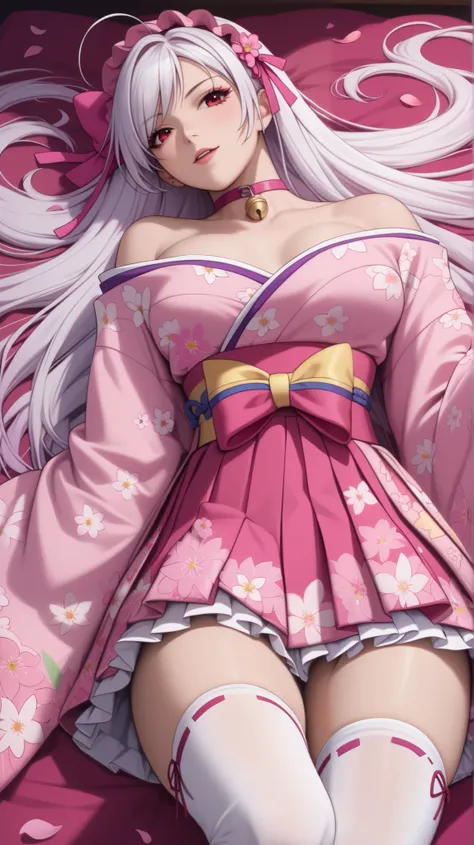 vampire moka akashiya, long hair, red eyes, ahoge, ((white hair)), large breasts,idol costume fused with pink floral kimono-tops, (pink floral kimono headdress with ribbon), fitted pink kimono top with cherry blossom pattern, off-shoulder design, kimono lo...